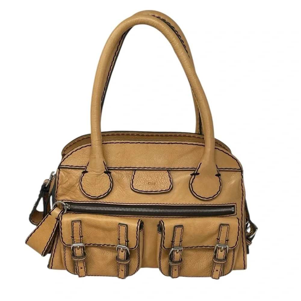 CHLOE Satchel Tote Purse Camel Brown Leather Buttery Pebbled Leather Luxury